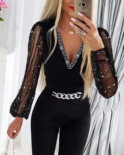 Sparkling Chain Detail Overalls - Image 2
